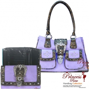 Combo!! Designer Inspired Crocodile Skin Handbag w/ Fold Over Belt And Rhinestone Accent with matching Wallet.